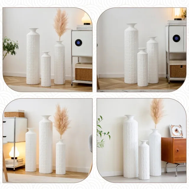 REDOM Vaas - 3-delige set - Handgemaakt reliëf - Smalle vloervazen - Moderne stijl - Woonkamer en hal - Metaal - Wit - 50/65/85 cm