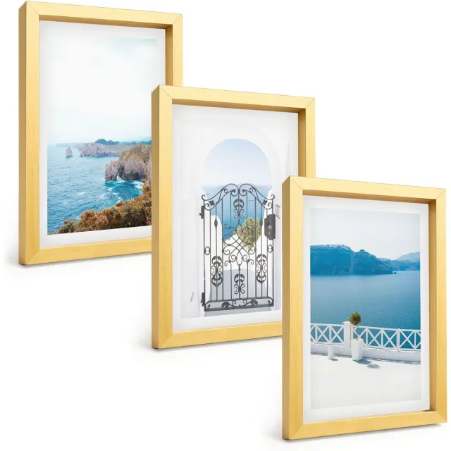 TULUP 4-Delige Schilderij Set - Zeezicht met Griekse architectuur - 20 x 30 cm - Muurdecoratie - Decoratieve Schilderijen - Wohnzimmer - Interieur Decoratie Gouden lijst