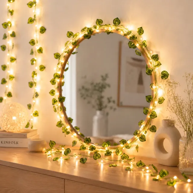 Lynn's Led Botanisch Lichtsnoer - Gestreepte Groene Blaadjes - 5 Meter - 50 Lampjes - Warm Wit - Batterij - Fairy Lights