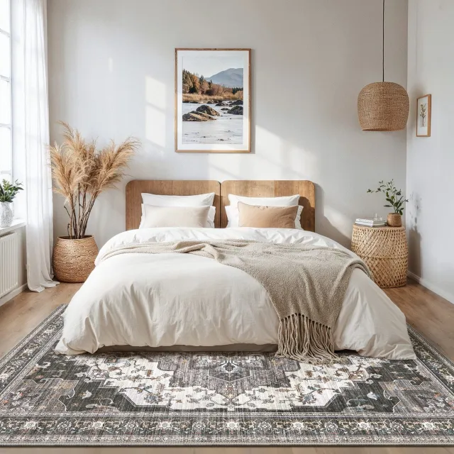 GENIMO Tapijt -Boho vintage design-Machinewasbaar en antislip-Kortpolig voor woonkamer en eetkamer-Grijs