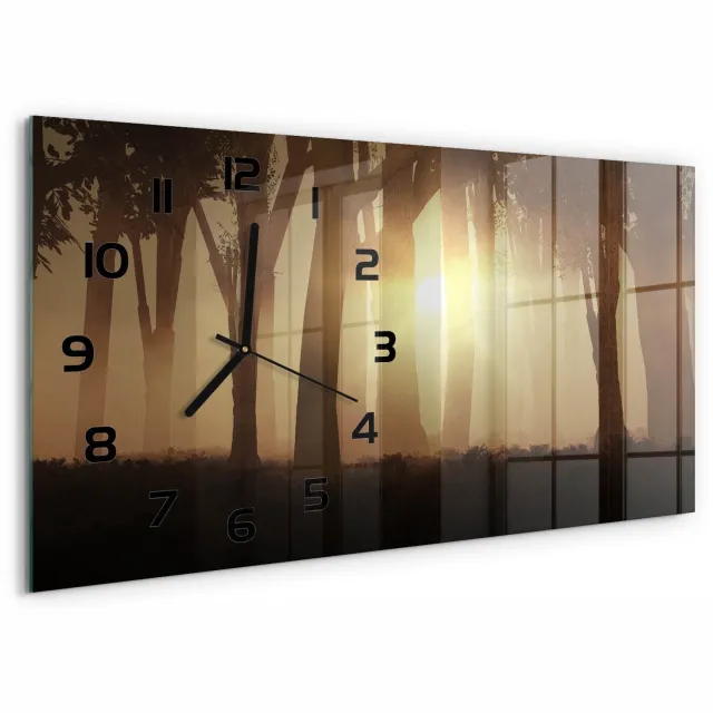 TULUP Wandklok - Mist in het bos Glazen Wandklok Design - 60x30 cm - Bruin Klok Glas Met Opdruk - Zwarte handen - Rechthoekige Klok - Wandklok Glas Met Motief - Decoratieve Glazen Klok