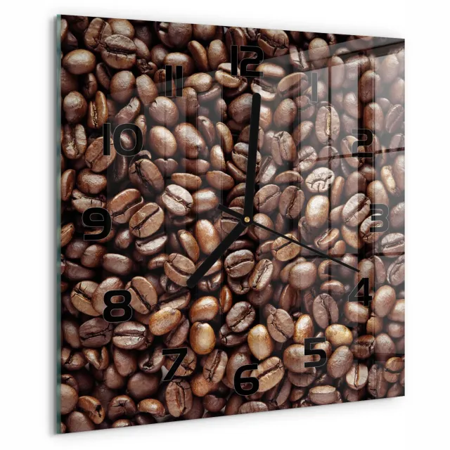 TULUP Wandklok - Koffiebonen Wandklok Glas Decoratie - 30x30 cm - Bruin Gekleurde Glazen Klok - Zwarte handen - Vierkante Klok - Klok Glas Met Opdruk - Moderne Wandklok Glas