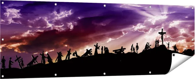 Gards Tuinposter Kruistocht naar het Kruis van Jezus Christus - 180x60 cm - Tuindoek - Tuindecoratie - Wanddecoratie buiten - Tuinschilderij Multikleur