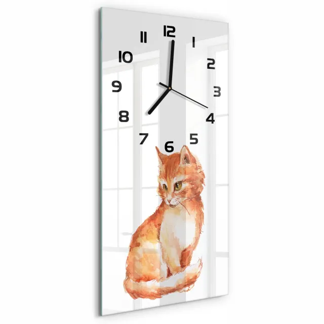 TULUP Wandklok - Rode Kat Decoratieve Glazen Klok - 30x60 cm - Oranje Glazen Wandklok Design - Zwarte handen - Rechthoekige Klok - Glazen Klok Met Print - Wandklok Glas Met Motief
