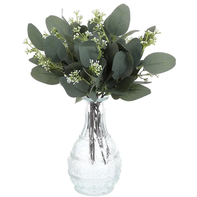 Unyqoos Set van 12 decoratieve kunst eucalyptus takken met realistische bladeren en zaden groen