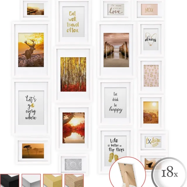 bomoe Passion Fotolijst Collage Hout 18 Fotolijsten Wit (10,5x15cm, 13x18cm, 18x24cm, 20x30cm) Kunststof Glas Metalen Ophanging Standaard & Passepartout