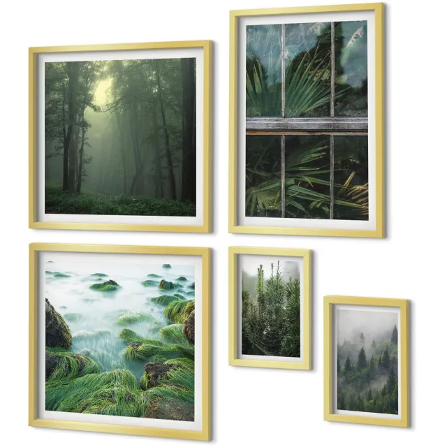 Coloray 5-Delige Schilderij Set - Groene Landschappen Met Bossen En Natuurlijke Vegetatie - 50 x 50 cm, 20 x 30 cm En 40 x 60 cm - Moderne Wanddecoratie - Woonkamer - Interieur Decoratie Gouden lijst