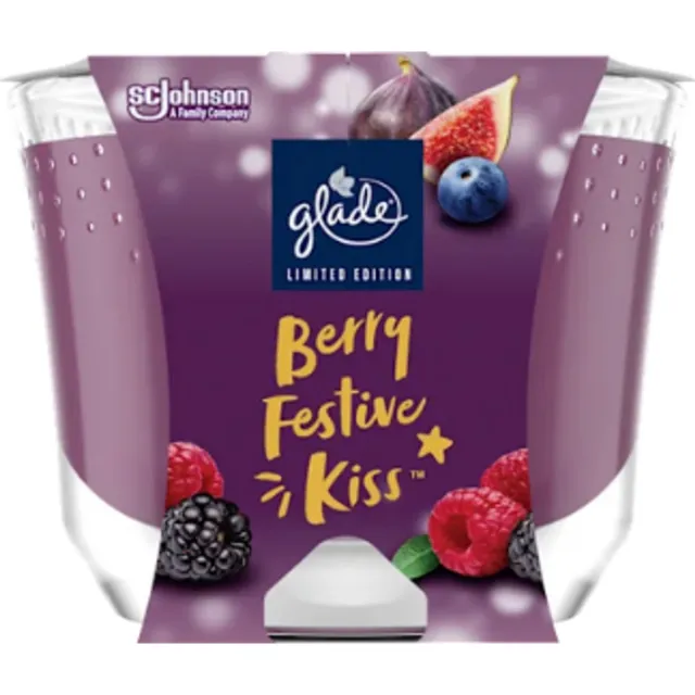 Glade Kerst Geurkaars in Glas - Berry Festive Kiss - Glade | 1x 112g - Wintergeur Kaars in Glas - Brandduur: tot 30 uur Paars