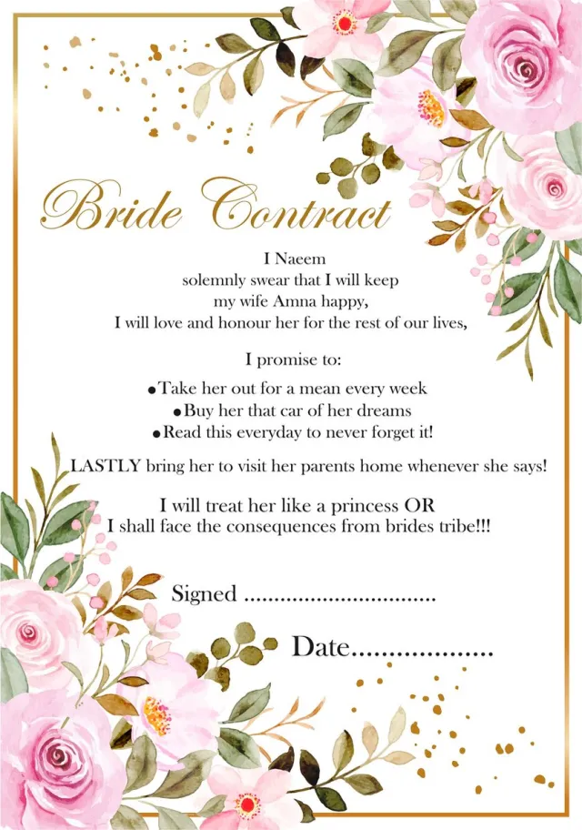 Unknow brand The Bridal Contract Marriage Contract Personalized Light flowers Poster Bride Funny agrement