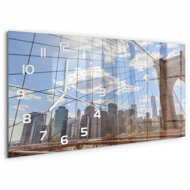 TULUP Wandklok - New York Bridge Glazen Wandklok Design - 60x30 cm - Blauw Klok Glas Met Opdruk - Witte handen - Rechthoekige Klok - Wandklok Glas Met Motief - Decoratieve Glazen Klok