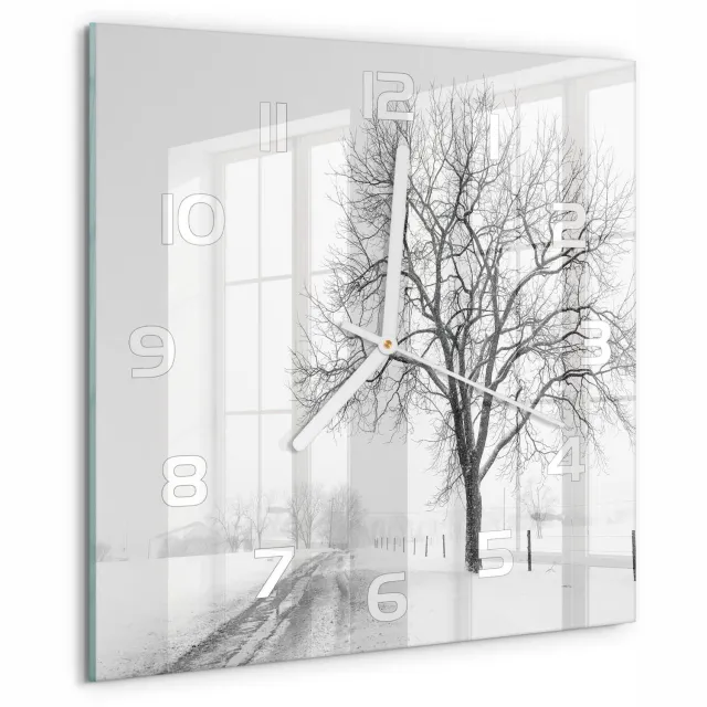 TULUP Wandklok - Winterboom Wandklok Glas Met Motief - 30x30 cm - Wit Decoratieve Glazen Klok - Witte handen - Vierkante Klok - Gekleurde Glazen Klok - Glazen Klok Met Print