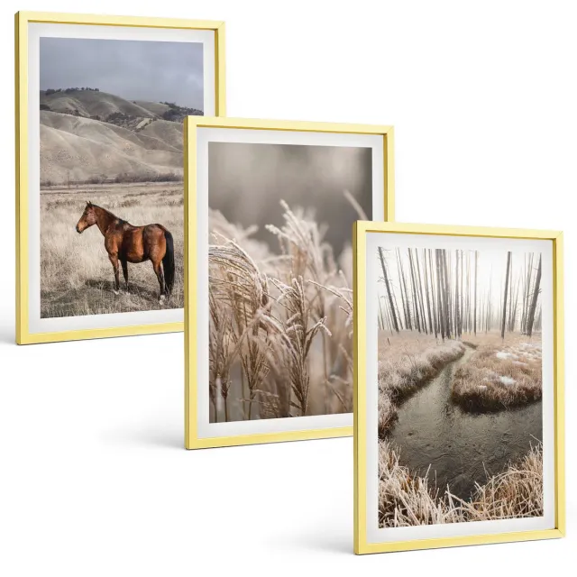 Coloray 3-Delige Schilderij Set - Heldere Structuren, Snaarpatronen Op Zand - 40 x 60 cm - Wanddecoratie - Muurdecoratie - Woonkamer Gouden lijst