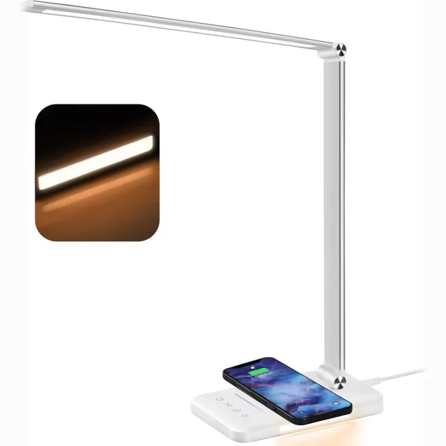 ShopHaven Draadloze Oplaadbare Bureaulamp - Dimbaar met Helderheidsregeling - Stijlvol Design - 360 Graden Verstelbaar - Draadloze Oplaadfunctie - Geschikt voor Monitors - Moderne Verlichting voor Werk en Studie Wit