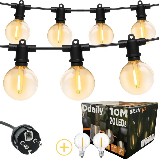 Odaily Lichtsnoer Buiten - 10 Meter - 20 LED Lampen G40 - Warm Wit Licht - IP65 - Premium Kwaliteit