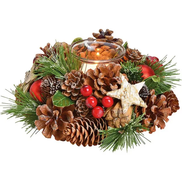 Radey's Windlicht Kerstkrans tafelornament- 1 Windlicht van glas - 17-10-17 cm Green;Brown;Red