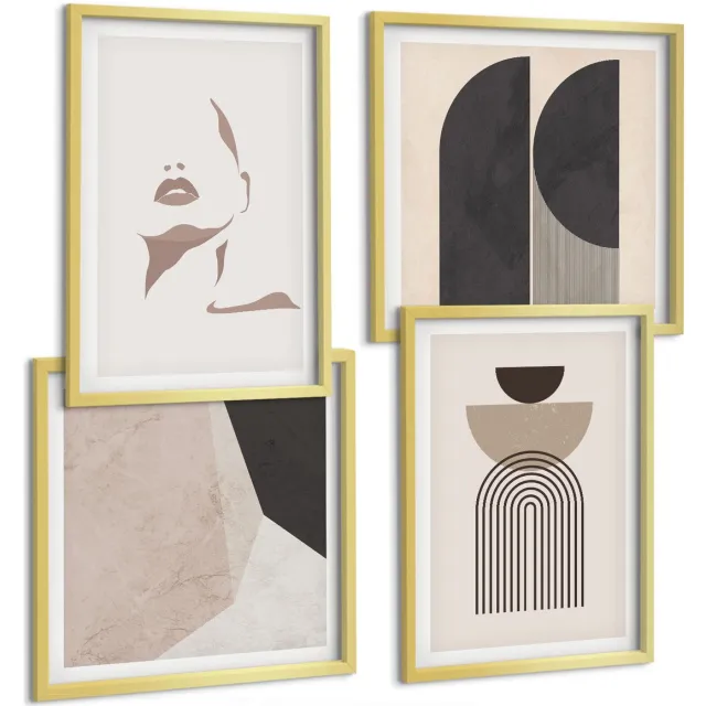 TULUP 4-Delige Schilderij Set - Abstracte patronen in tinten wit en bruin. - 40 x 40 cm en 40 x 60 cm - Decoratieve Muurdecoratie - Slaapkamer - Woonkamer Decoratie Gouden lijst