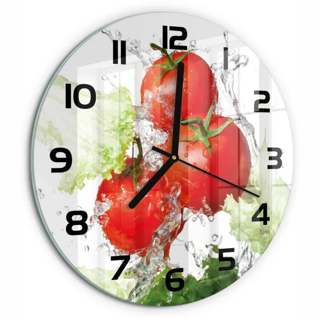 TULUP Wandklok - Tomaten en sla Glazen Klok Met Print - fi30 cm - Rood Wandklok Glas Met Motief - Zwarte handen - Ronde Klok - Wandklok Glas Decoratie - Gekleurde Glazen Klok