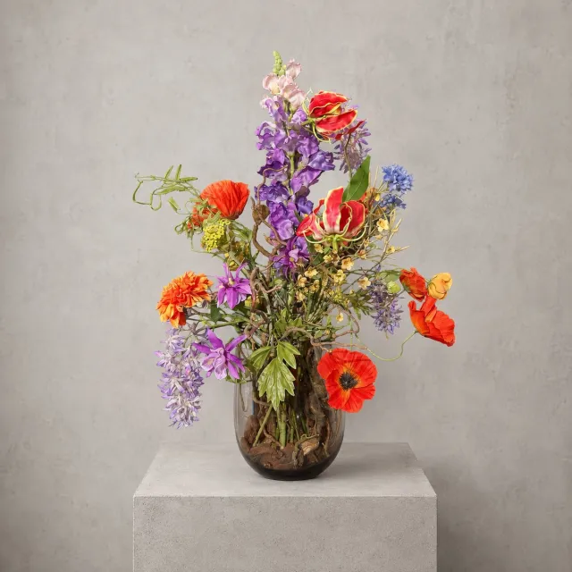 Seta Fiori Extra Vol Kunstbloemen Veldboeket in Bolle Glazen Vaas 65 cm - Handgemaakt in Nederland - Kleurrijk het Hele Jaar - Klaprozen, Dahlia en Korenbloemen oranje, rood, lila