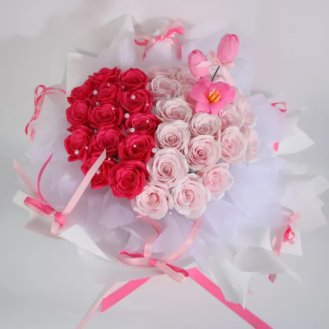 La Roselle Amsterdam Kunstrozenboeket Roze met witte rozen met strikjes - kerst cadeau - bloemen gift - feestdagen Fuchsia roze en zachtroze