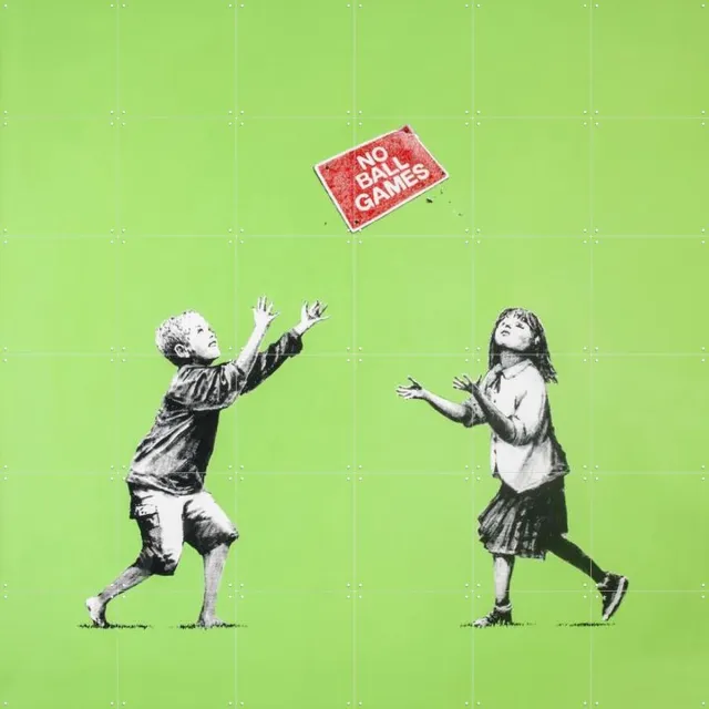 IXXI No Ball Games, Banksy - 120 x 120 cm - Grote wanddecoratie en posters - Pop art, Street art, Kleurrijk, Speels, Illustraties, Woonkamer, Mancave Groen