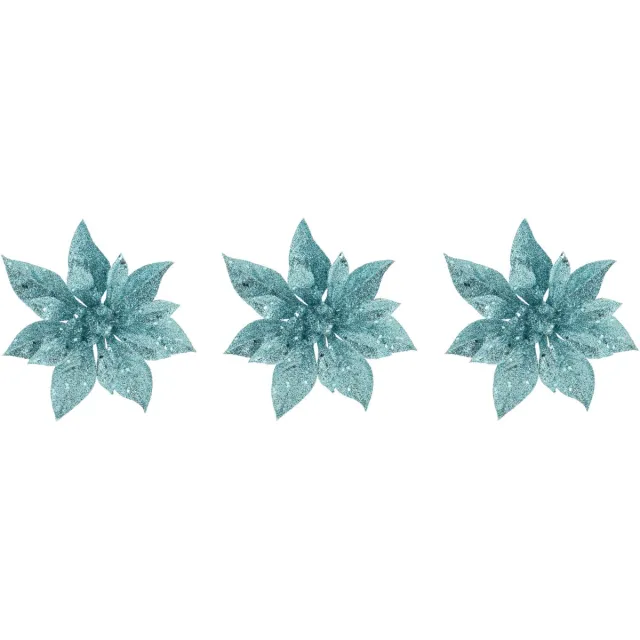 Cosy & Trendy Decoratie bloem - 6x stuks - kerstster - op clip - blauw - glitter -15 cm - kunststof - kerstversiering