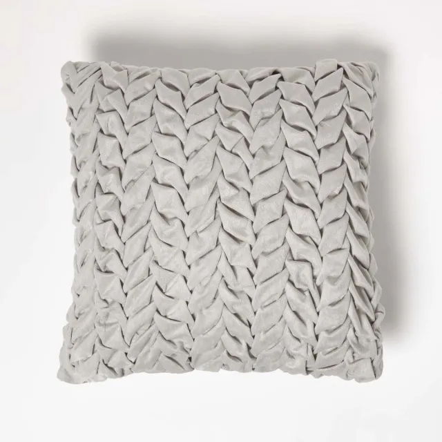 Homescapes Grace geplooid fluwelen kussen met vulling - grijs, 45 x 45 cm