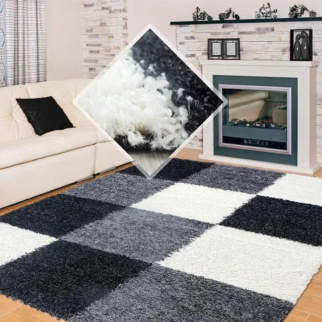 Ayyildiz Hoogpolig vloerkleed, geruit patroon, zwart, woonkamerkleed, jute achterkant, afmeting: 160 cm x 230 cm