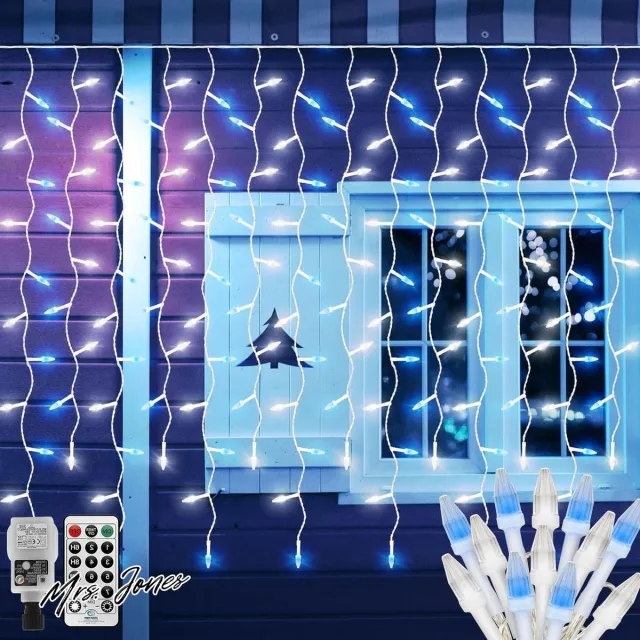 Mrs. Jones IJsregen lichtgordijn voor buiten Kerstmis - 6m x 1m - 300 leds diamant lichtketting raam lichtgordijn tuinlichtketting met afstandsbediening - koppelbaar - blauw en wit .