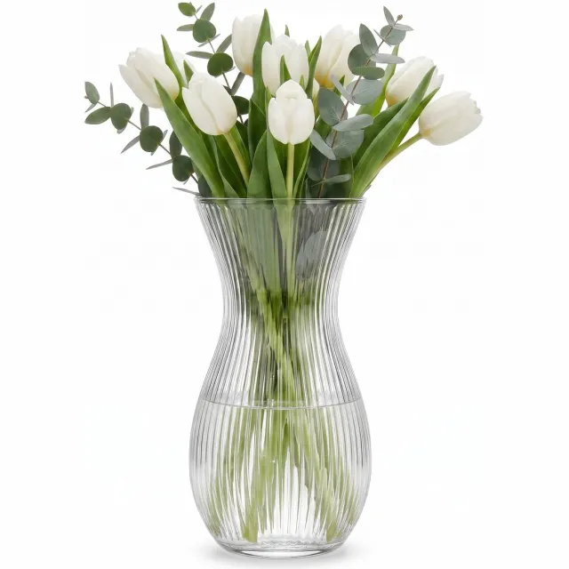 Salvik Vaas Glas Transparant - Geribbeld - 25 cm Hoog - Taille - Modern - Waterdicht - Voor Bloemen - Bloemenvaas