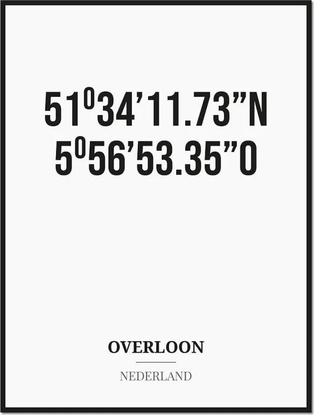 Studio216 Poster/kaart OVERLOON met coördinaten zwart, wit