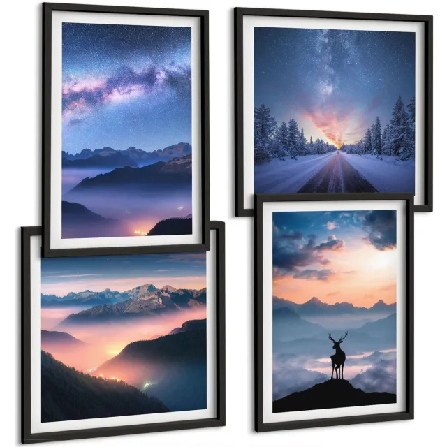 TULUP 4-Delige Schilderij Set - Nachtelijke hemel, berglandschappen in de mist en herten - 40 x 40 cm en 40 x 60 cm - Muurdecoratie - Decoratieve Schilderijen - Wohnzimmer Zwarte lijst