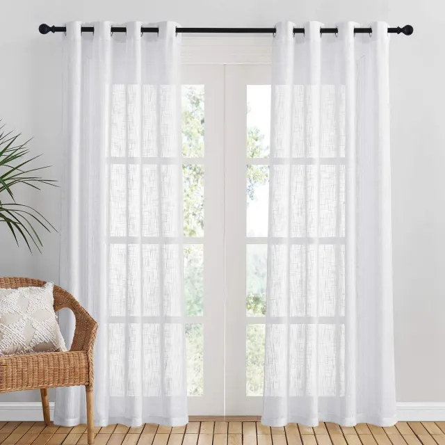 Ibenzoa Gordijnen Set van 2 in Linnenlook, Wit, Half-Transparant, 210 x 132 cm, Metalen Ogen