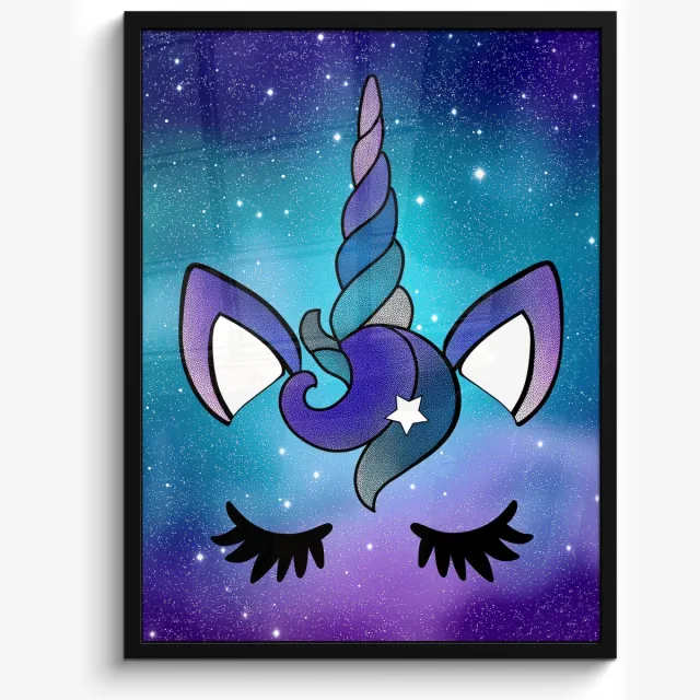 FrameYourWall Poster in lijst - Fotolijst 50x70 cm - Posters - Eenhoorn - Sterrenhemel - Ster - Blauw - Posterlijst zwart - Decoratie - Wanddecoratie woonkamer - Muurdecoratie slaapkamer