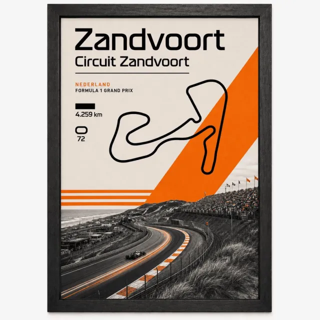 Joshimo Zandvoort Circuit Poster | Nederlandse Formule 1 Grand Prix | F1 wanddecoratie | Inclusief zwarte A4 lijst