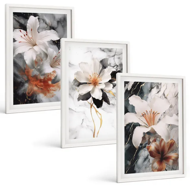 TULUP 3-Delige Schilderij Set - Bloemen op een marmeren achtergrond in wit- en zwarttinten. - 40x60 - Wanddecoratie - Muurdecoratie - Woonkamer - Moderne Wanddecoratie Witte lijst