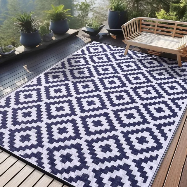 smiry Buitenkleden - Waterdicht buitenkleed - Tuinkleden-Antislip,omkeerbaar,UV-bestendig,Gemakkelijk schoon te maken - Donkerblauw en wit - 5*8ft
