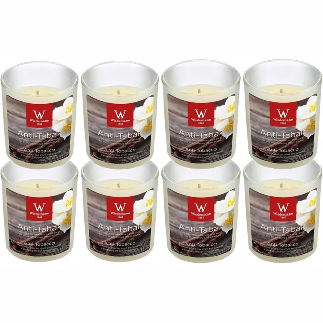Trend Candles Geurkaars - 8x - in glas - Anti tabac aroma - 25 branduren - 7 x 8 cm - woondecoratie - kaarsen Wit