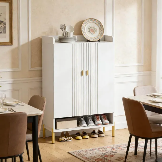 WUVRIE Schoenenkast 75x36,5x110 cm - 6 niveaus, 2 deuren en verstelbare planken - Wit/goud