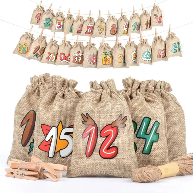 Winkrs Adventskalender Zakjes – 24 Stuks – 10 x 14 cm – Kerst DIY Aftelkalender om Zelf te Vullen – Inclusief Touw en Houten Knijpers