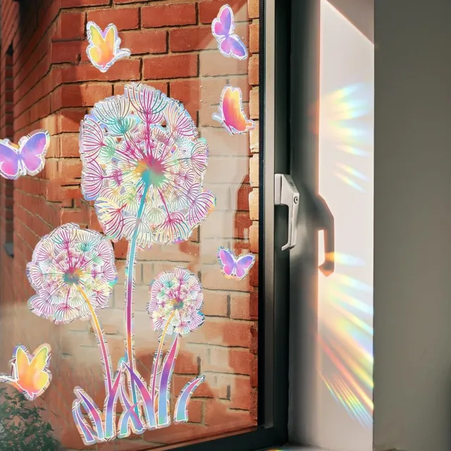 Cyslmuk 2 vellen Paardenbloem raamdecoratie（30x40cm）, PVC Statische elektriciteit anti-botsingssticker, regenboogmotief voor ramen, voorkomt dat vogels tegen de ramen botsen, decoratie voor glazen deuren| Cyslmuk® Stijl 3