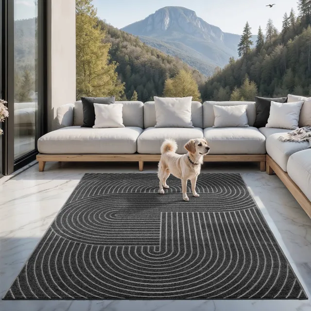the carpet Santo Plus – Weerbestendig outdoor vloerkleed met 3D patroon, geschikt voor balkon, terras en woonkamer, antraciet met boho-accenten, 140 x 200 cm
