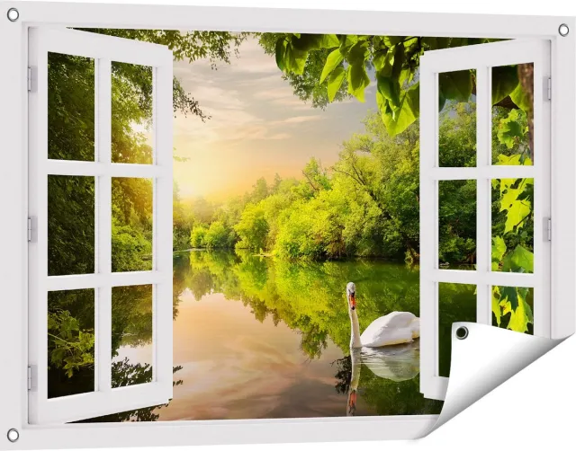 Gards Tuinposter Doorkijk Zwaan op het Water in het Bos - 90x60 cm - Tuindoek - Tuindecoratie - Wanddecoratie buiten - Tuinschilderij Wit