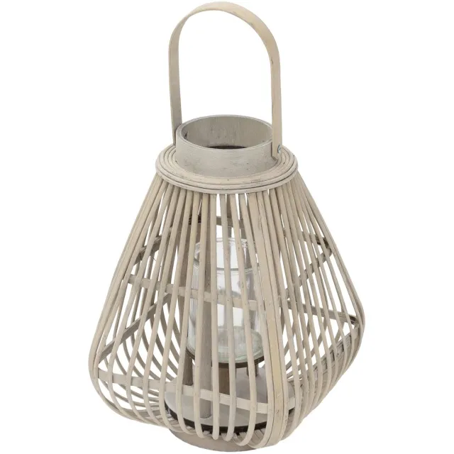 Famanu Grote bamboe lantaarn van 42,5 cm, houtkleurig windlicht met glas en handvat, boho tuinlantaarn en kaarsenhouder, geschikt voor binnen en buiten, balkon, terras en woonkamer decoratie Naturel