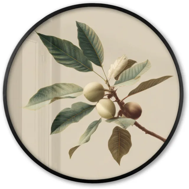 FrameYourWall Poster in lijst Rond - Fotolijst 80x80 cm - Posters - Tak - Groene Bladeren - Vruchten - Ronde posterlijst zwart - Decoratie - Wanddecoratie woonkamer - Muurdecoratie slaapkamer Tak - Bladeren - Vruchten