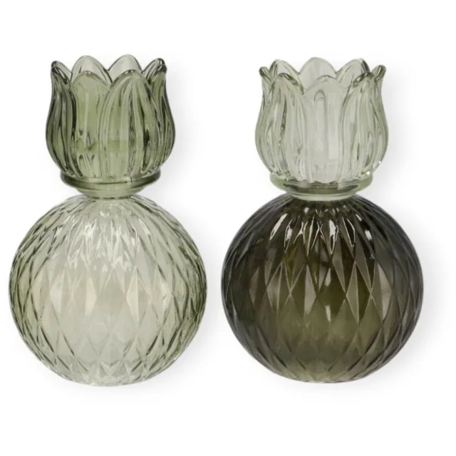 DK design Daan Kromhout - Waxine houders - Set van 2 - Tulp - Glas - Bol - LichtGroen Mix - 11x17cm