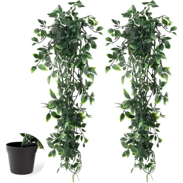 By Shayne ByShane - Set van 2 hangende kunstplanten met potten voor tuin en kantoor - Kunstplanten 80 cm lang - Plastic planten voor wanddecoratie Groen