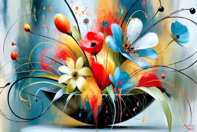 John Joseb Art (Canvas) 90x60 | Wilde bloemen in een schaal, stilleven, abstract, kleurrijk, klaproos, bloem, kunst, rood, bruin, geel, blauw, groen, modern | Foto-Schilderij canvas print (wanddecoratie) Canvas, dikte 2 cm