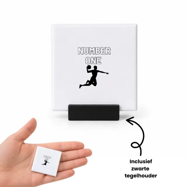 Hacebo Eerste plaats tegeltje met tegelhouder - Handbal - familie vrienden sporters - tegeltjes met tekst - cadeau - spreuktegels - 4.8x4.8 CM Wit