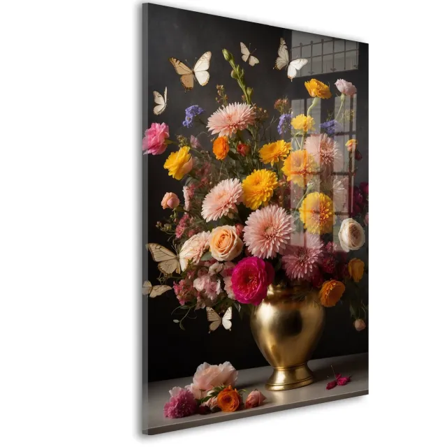 De Online Drukwinkel Glasschilderij Vlinders en bloemenpracht - 120 x 80 cm - Bloemstuk - Bloemen en Planten - Acrylaat - Inclusief wandbevestiging - Foto op plexiglas - Wanddecoratie woonkamer – Modern – Klassiek Goud