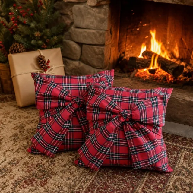 FLITI Kerst Kussenhoezen - Rode Geruite Sierkussens met Grote Strik - Schotse Ruit Kerstdecoratie voor Bank en Woonkamer - Zonder Binnenkussens - 45x45 cm - Set van 2 Rood